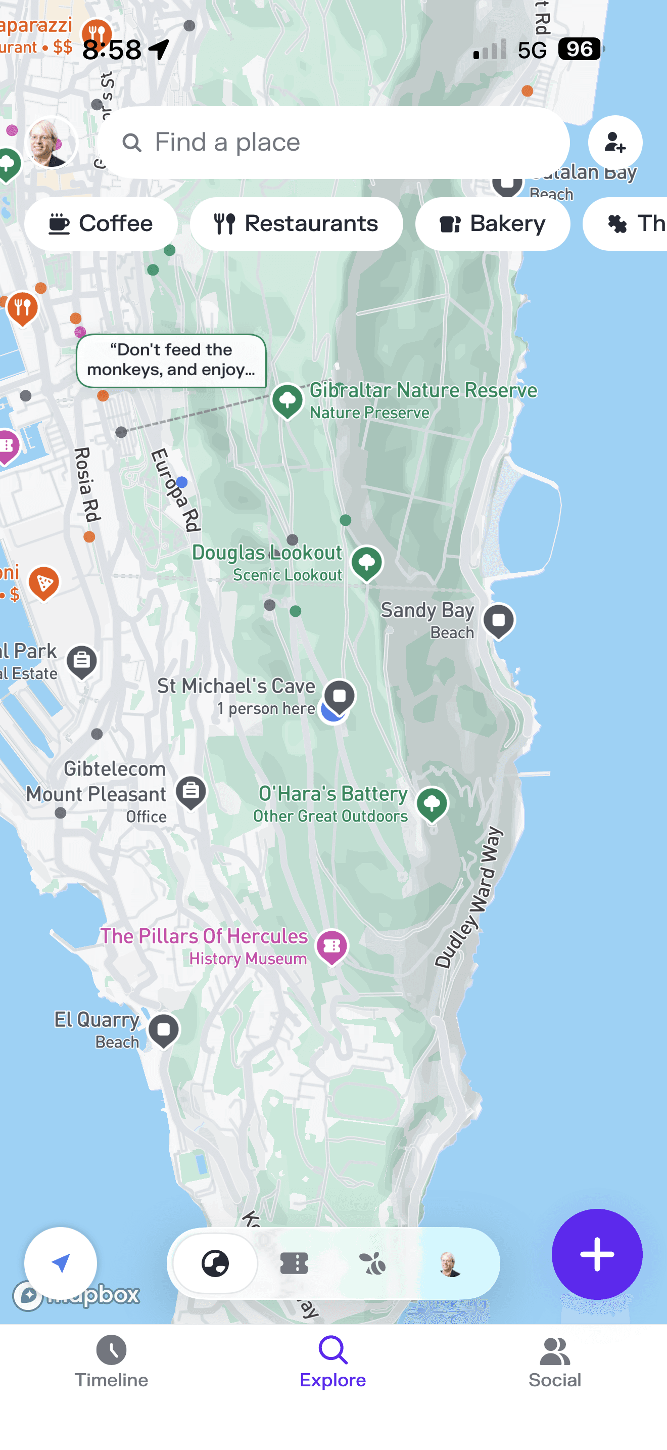 Mobile map screen showing Gibraltar's Rock with Nature Reserve, St Michael's Cave, Douglas Lookout, and Pillars of Hercules m